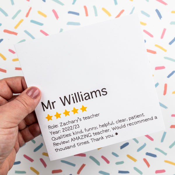 **Personalised** Teacher review thank you card